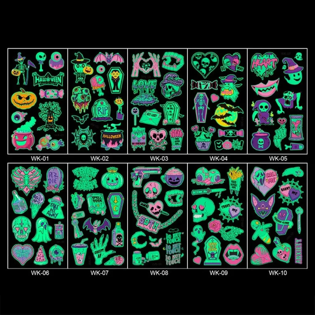 20 Sheets Night Glow Halloween Temporary Tattoos For Kids