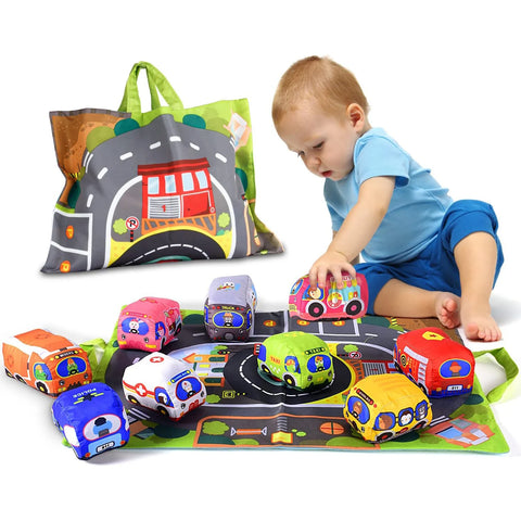 Soft Cloth Car Toy Set with Play Mat And 9 Vehicle