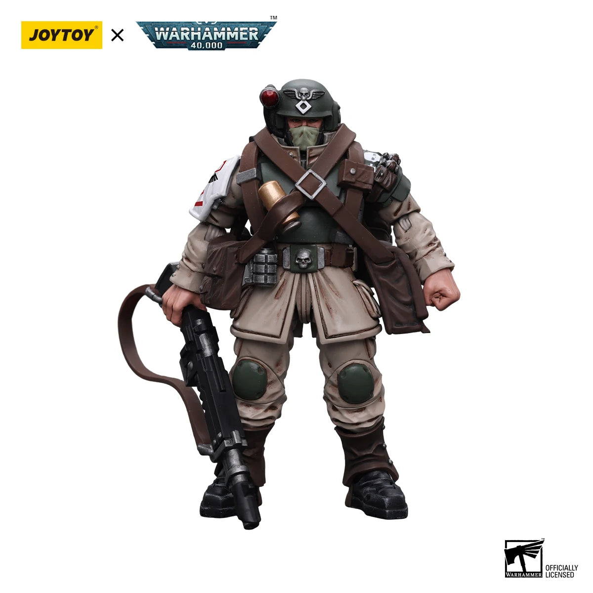 JOYTOY Warhammer 40k 1/18 Action Figures Anime 10.7cm Astra Militarum Cadian Command Squad Veteran with Medi-pack Model Toys
