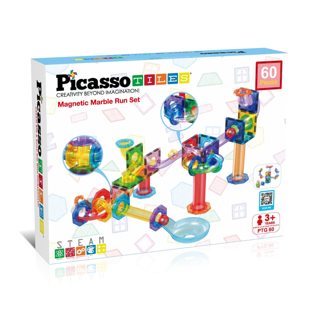 PicassoTiles Magnetic Tile Marble Run Building Blocks Set 60 Pieces - PICASSOTILES
