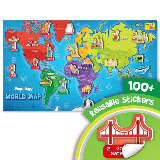 World Map Learning Wall Chart | 100+ Reusable Stickers