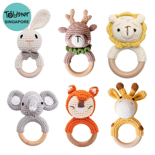 1Pc Baby Teether Music Rattles For Kids Animal Crochet Rattle Elephant Giraffe Ring Wooden Babies