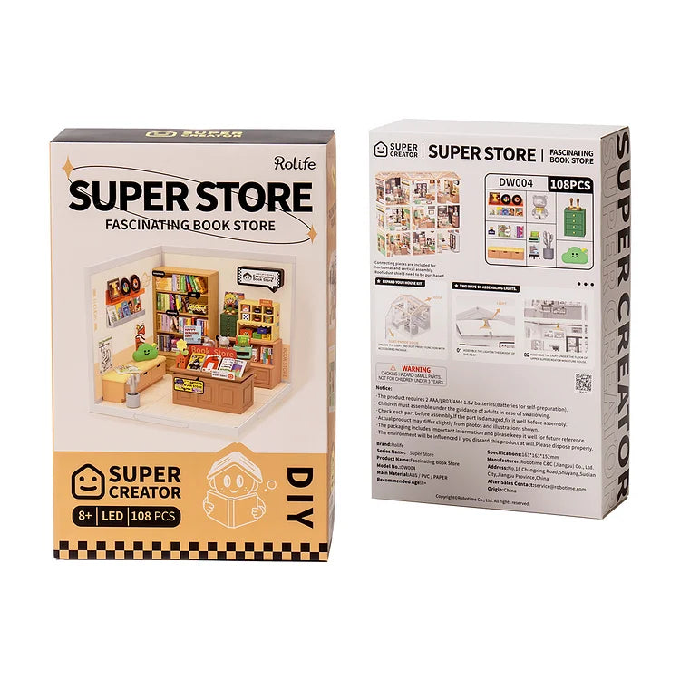 Robotime Rolife Super Creator Fascinating Book Store Plastic DIY Miniature House Kit DW004