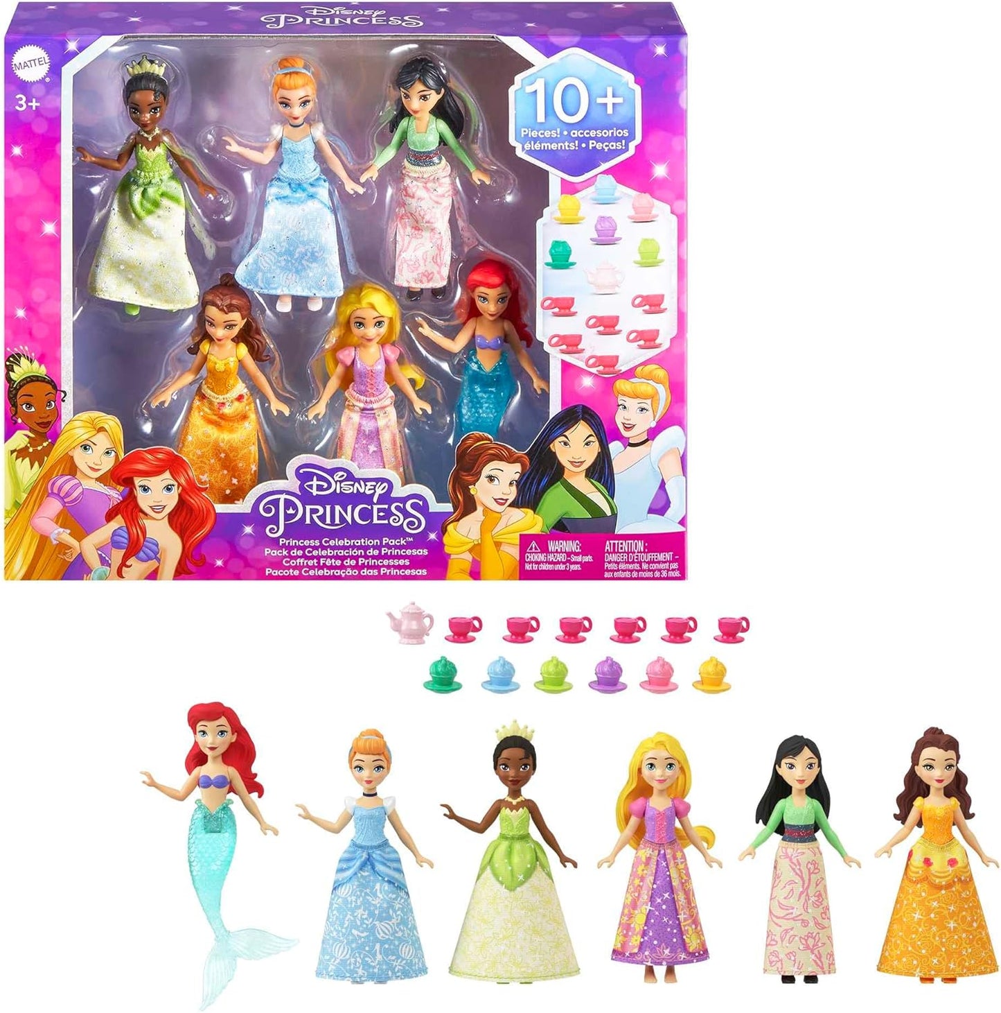 Disney Princess 6 Posable Small Dolls with Sparkling Clothing and 13 Tea Party Accessories