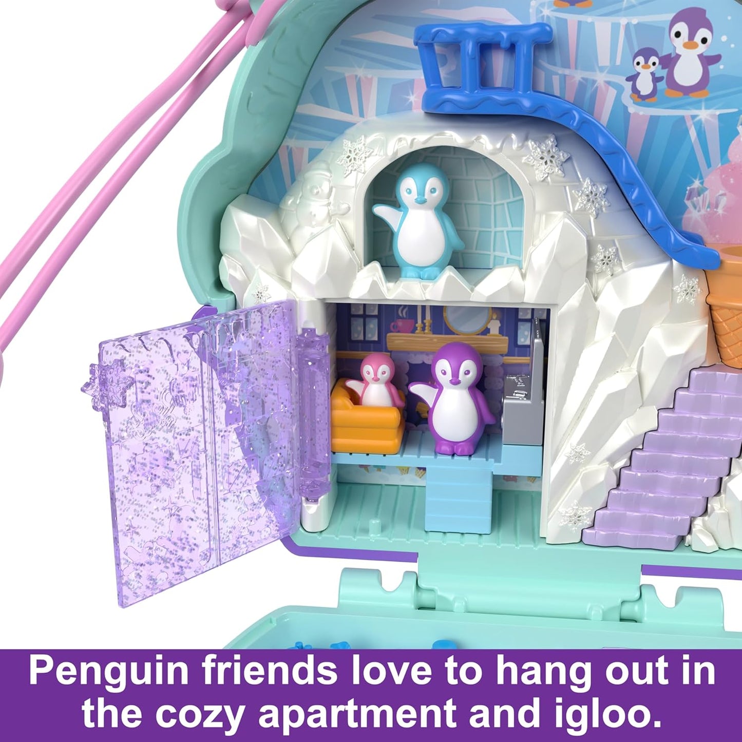 Polly Pocket Travel Toy with Fidget Exterior, Snow Sweet Penguin Compact with 12 Accessories