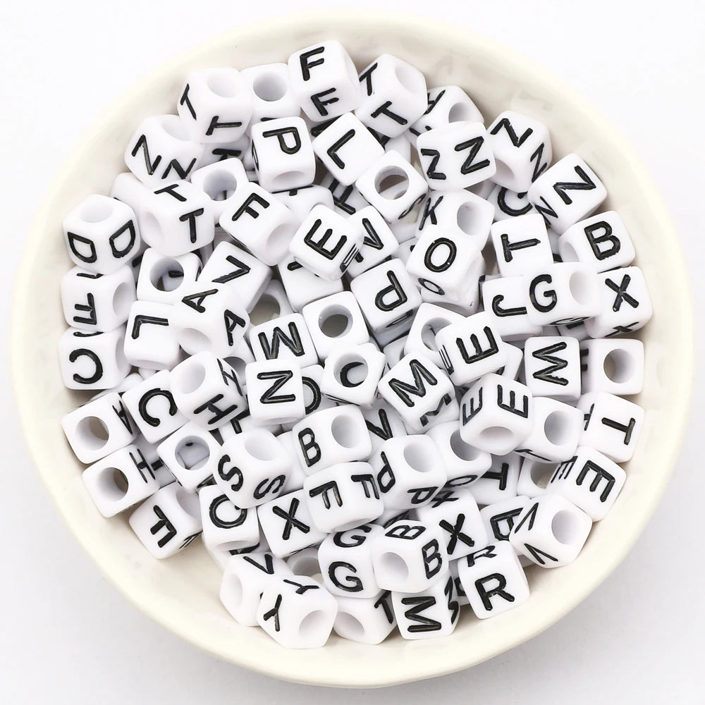 Square White and Black Mixed Letter Acrylic Beads