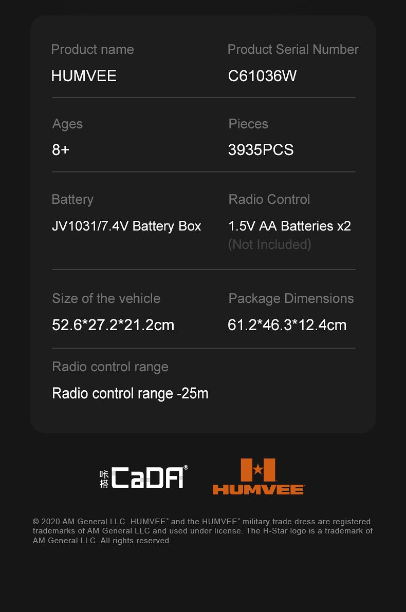 CaDA HUMVEE Vehicle C61036W - Non Motorization