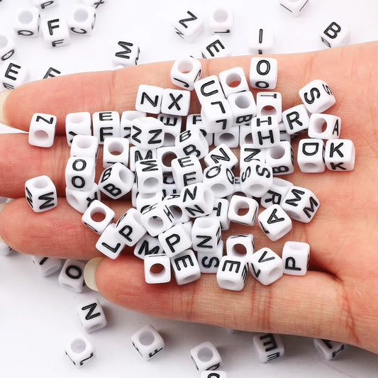 Square White and Black Mixed Letter Acrylic Beads