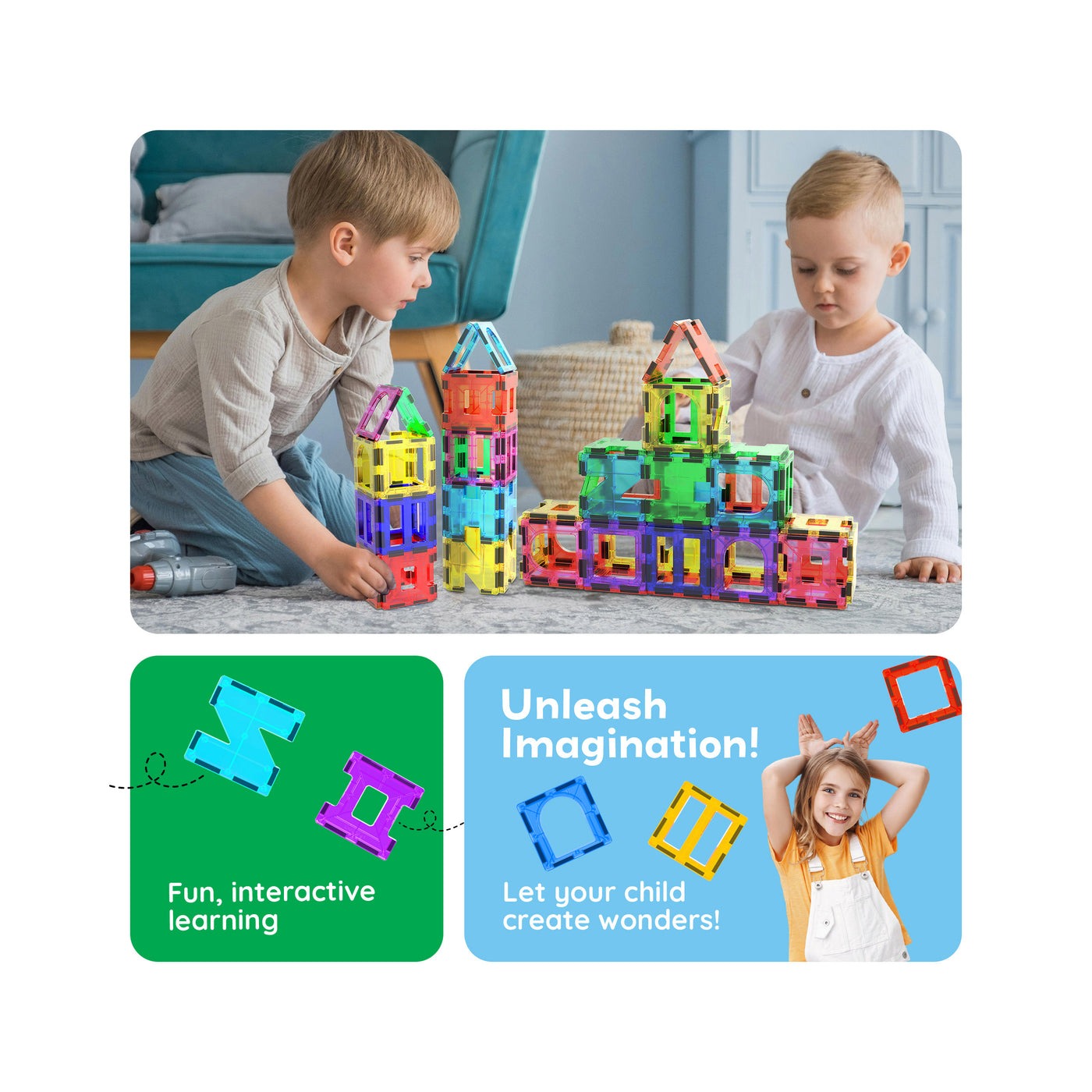 PicassoTiles Magnetic Tile Building Set with Unique Shapes - 42 Pieces