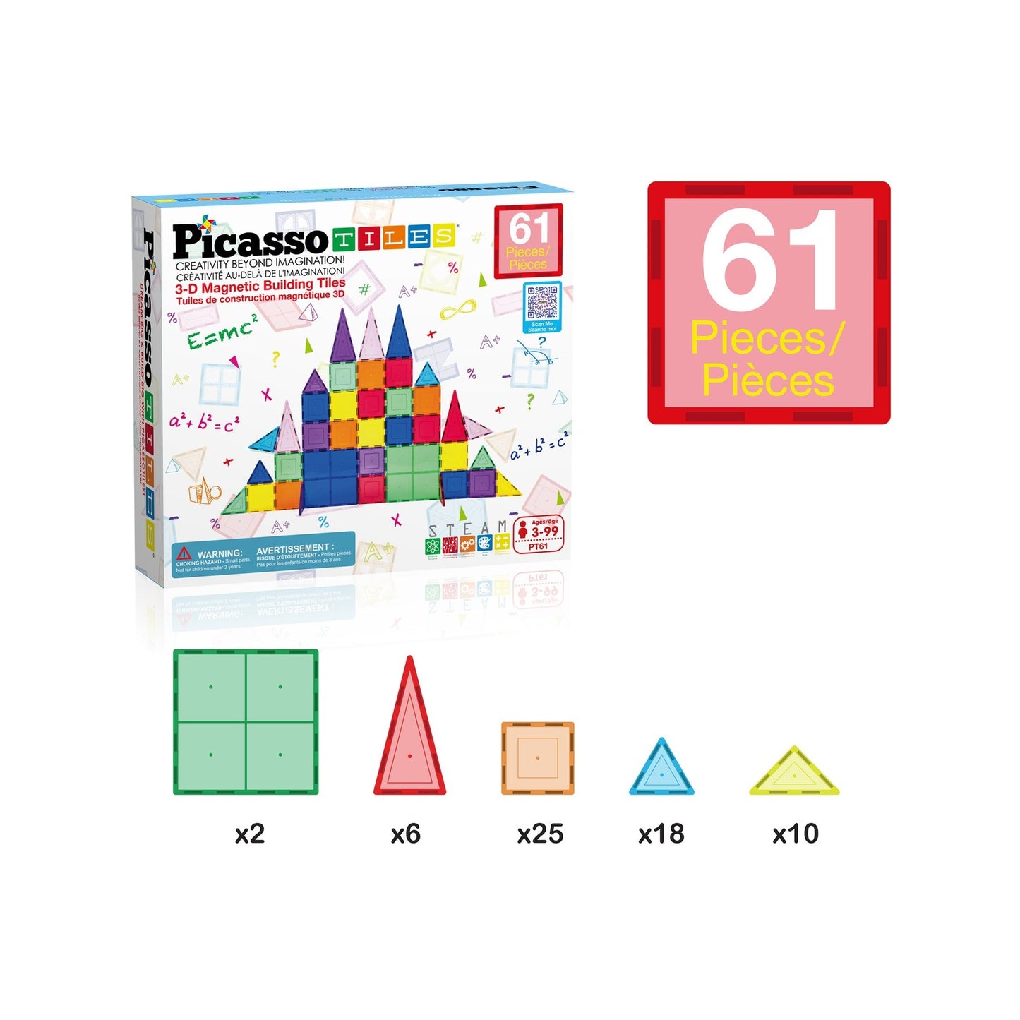 PicassoTiles Magnetic Tile Classic Building Set 61 Pieces