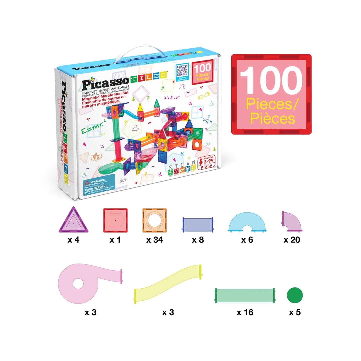 PicassoTiles Magnetic Tile Marble Run Building Set 100 Pieces