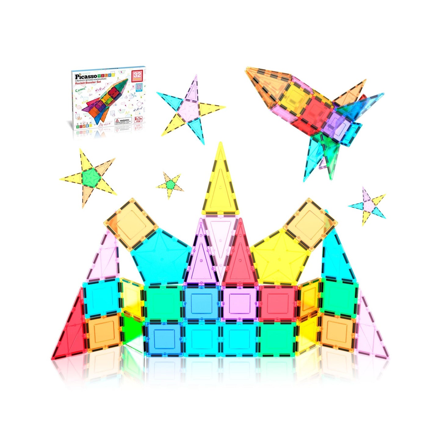 PicassoTiles Magnetic Tile Rocket Set 32 pieces