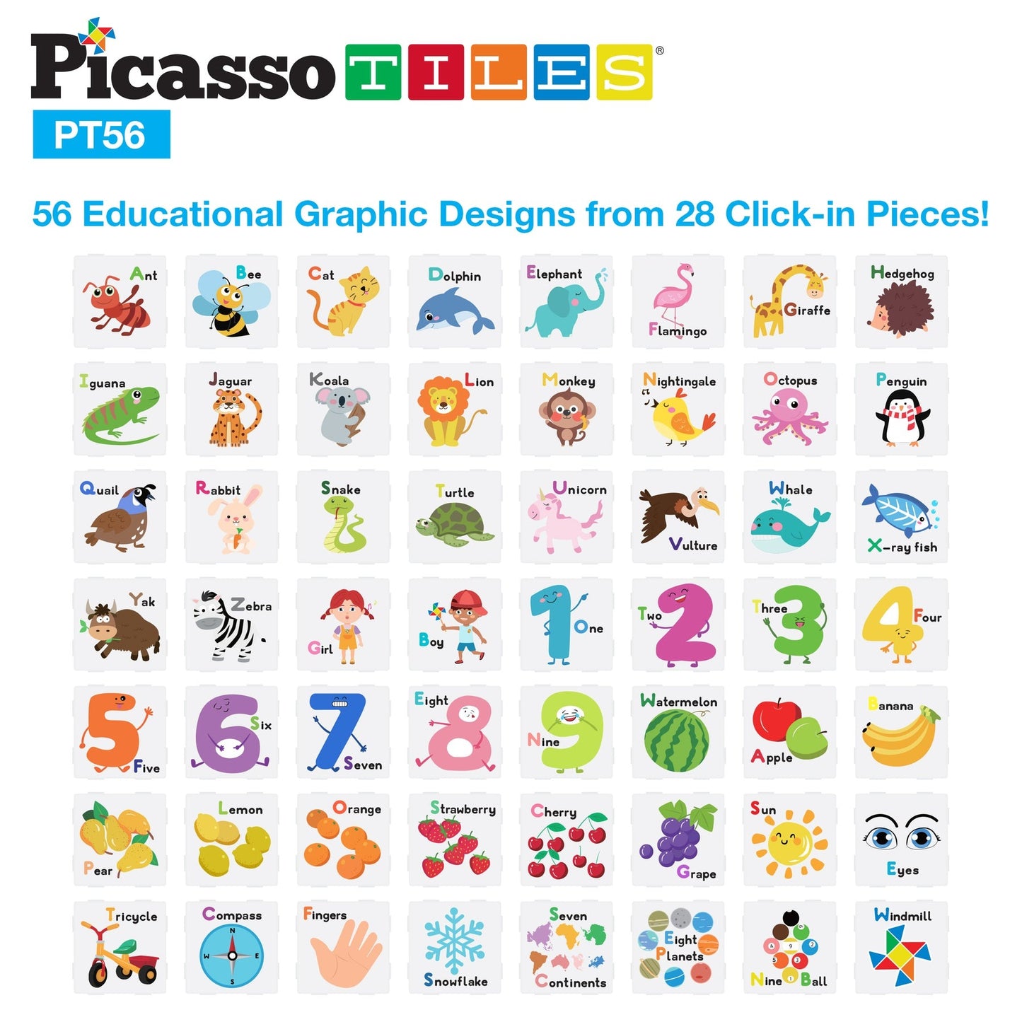 PicassoTiles Magnetic Tiles Card Insert Set 56 Pieces