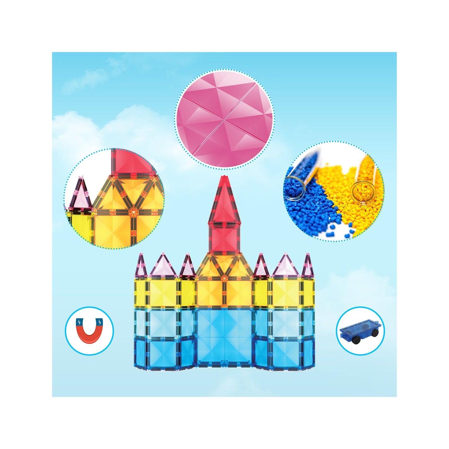 PicassoTiles Magnetic Tiles with Vehicle Base Building Block Set - 63 Piece