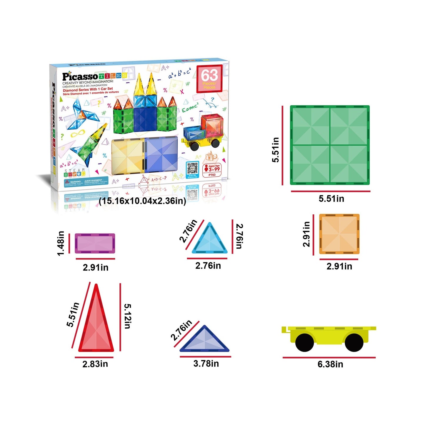 PicassoTiles Magnetic Tiles with Vehicle Base Building Block Set - 63 Piece