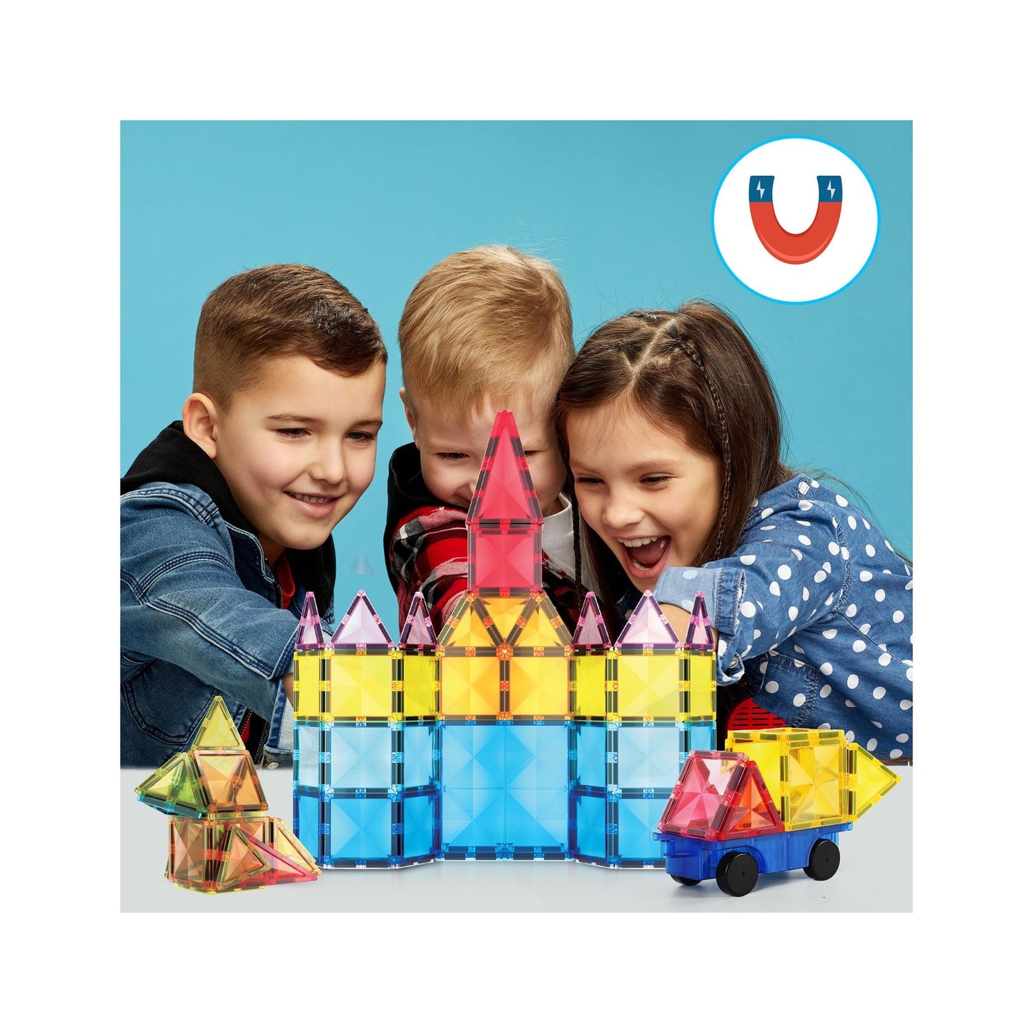 PicassoTiles Magnetic Tiles with Vehicle Base Building Block Set - 63 Piece