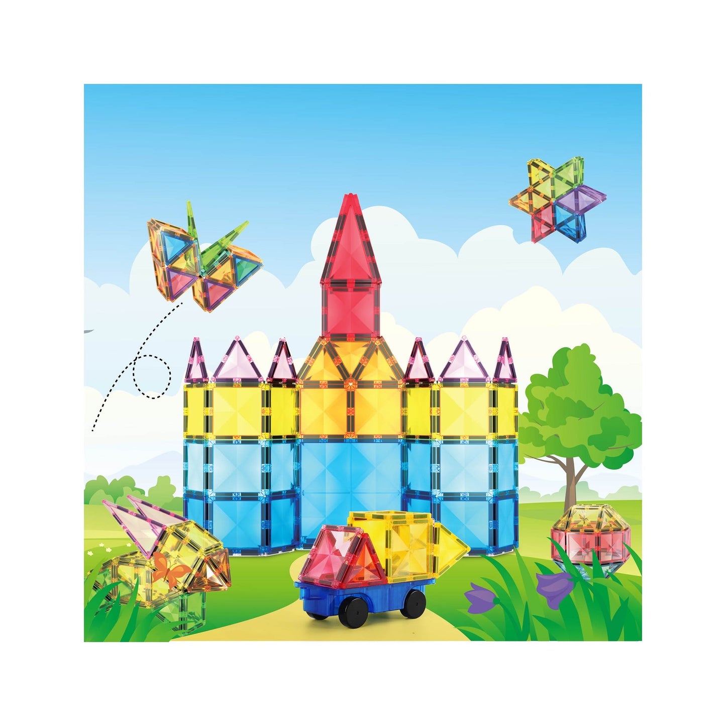 PicassoTiles Magnetic Tiles with Vehicle Base Building Block Set - 63 Piece