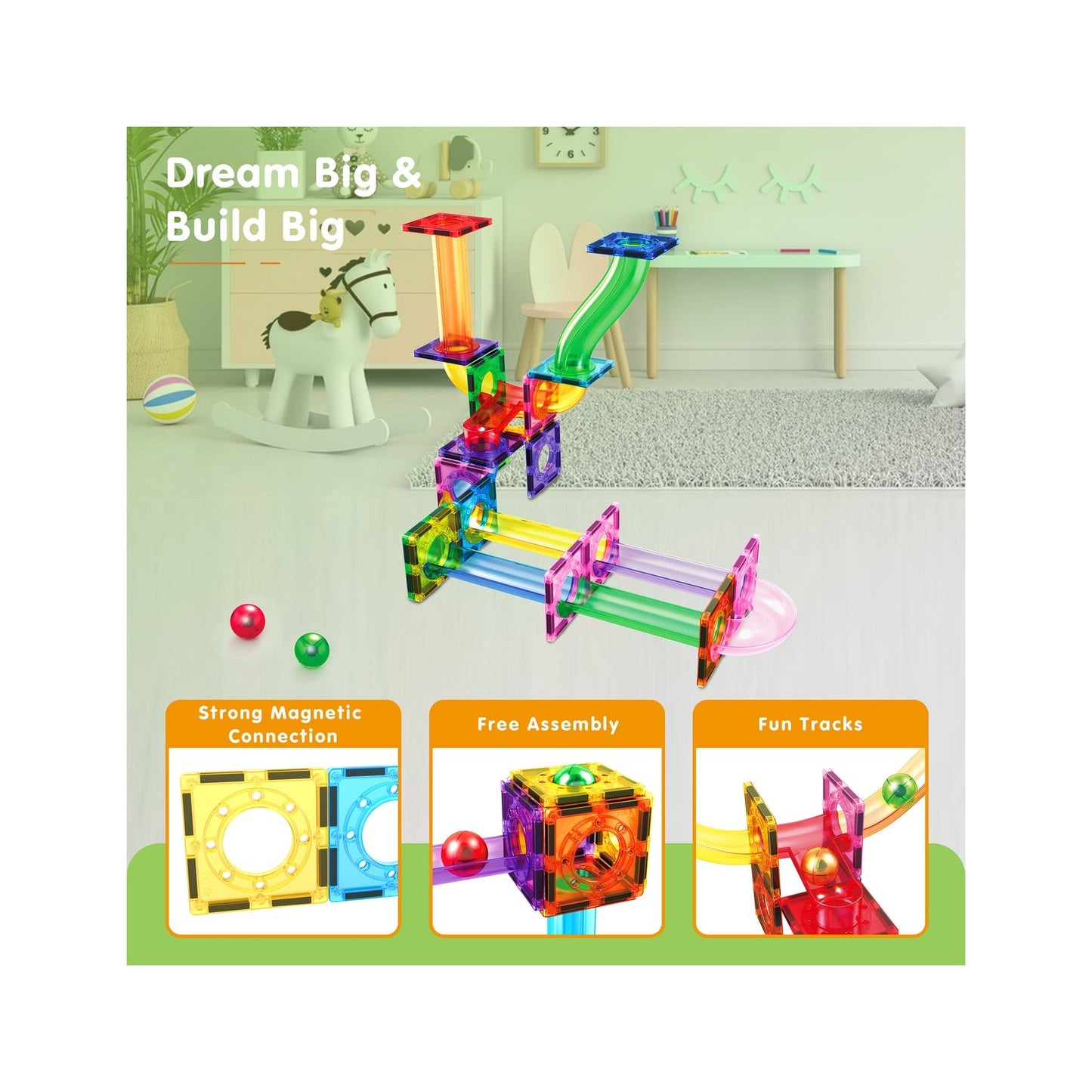 PicassoTiles Magnetic Tile Marble Run Building Blocks Set 40 Pieces