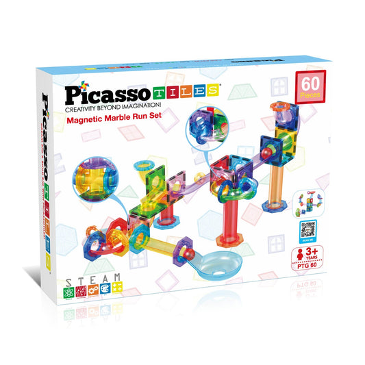 PicassoTiles Magnetic Tile Marble Run Building Blocks Set 60 Pieces
