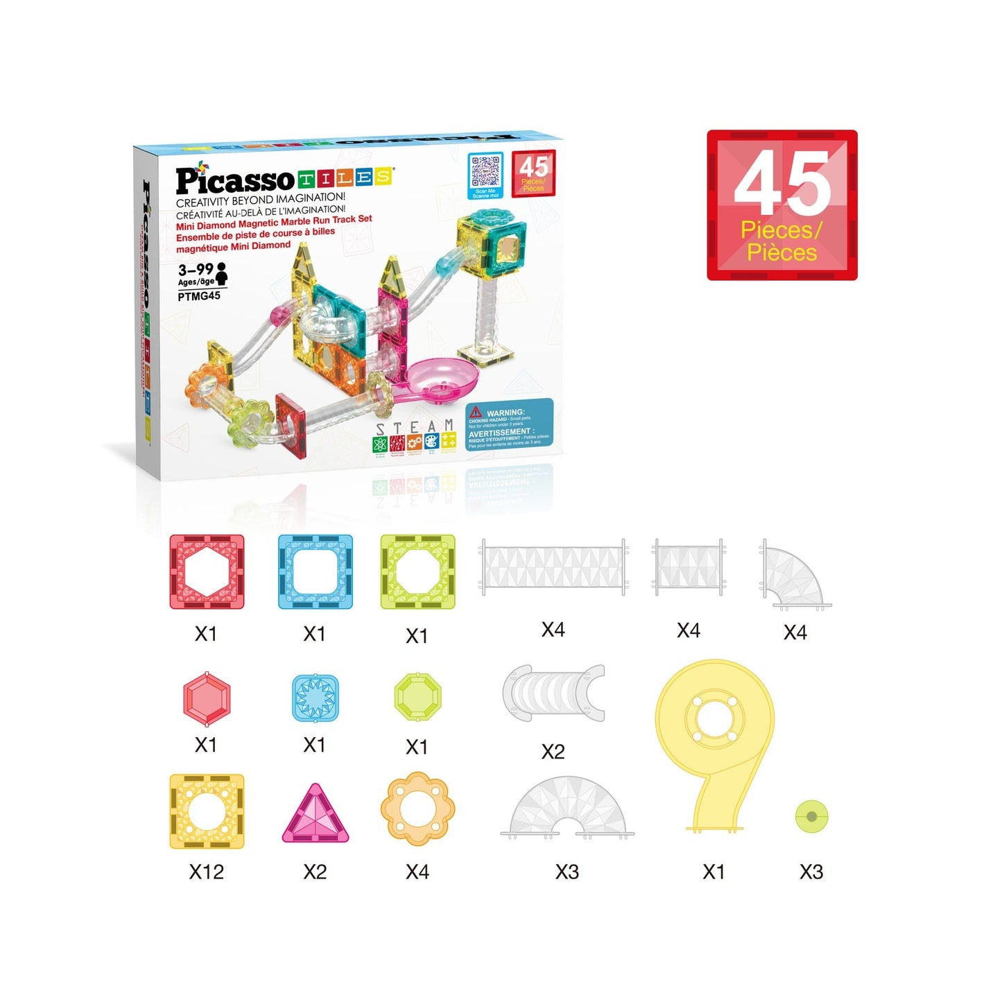 PicassoTiles Travel Size Magnetic Tile Marble Run Building Blocks Set 45 Pieces