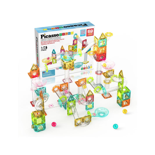 PicassoTiles Travel Size Magnetic Tile Marble Run Building Blocks Set 60 Pieces