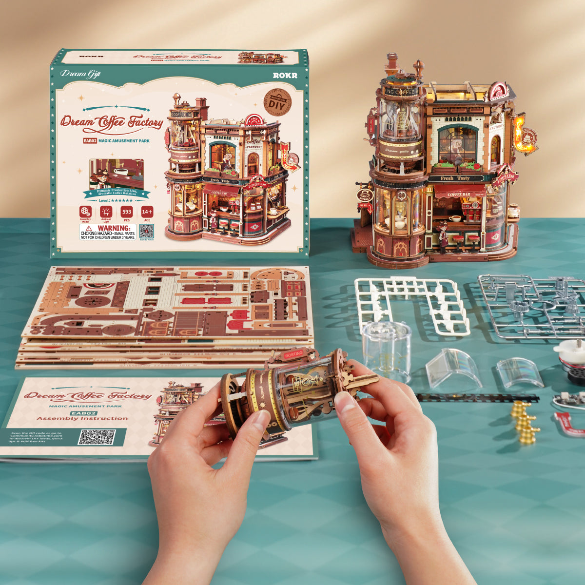 Robotime ROKR Dream Coffee Factory Music Box Wooden 3D Puzzle