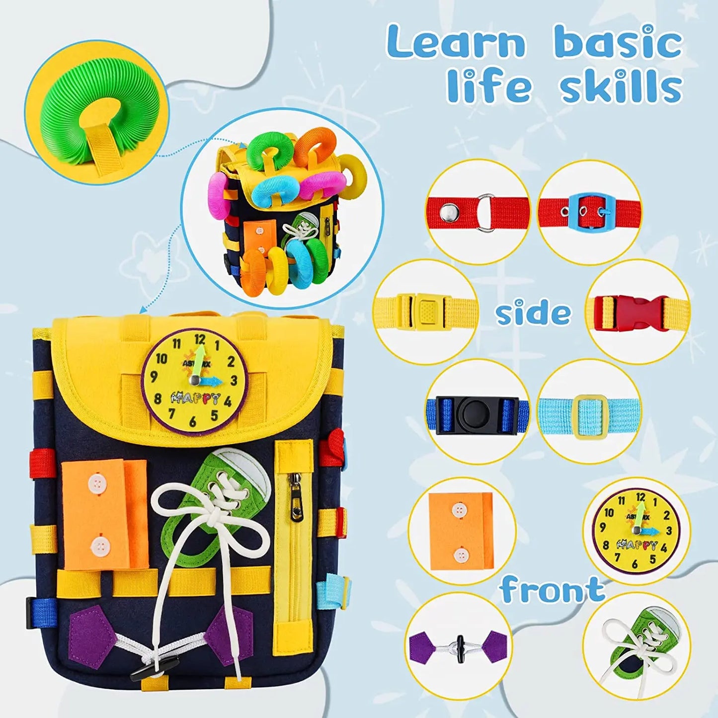 Kid Montessori Busy Board Bag with Buckles