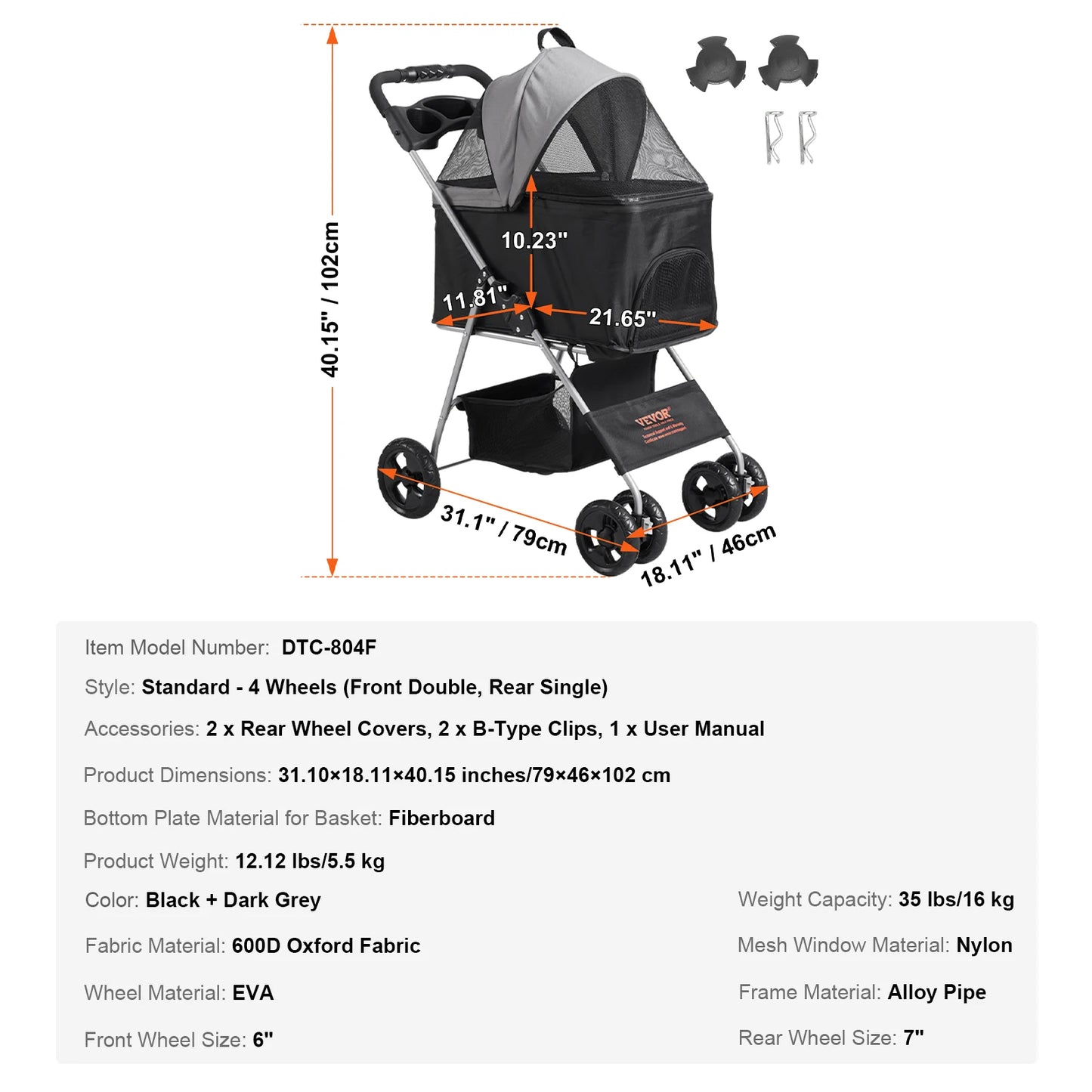 VEVOR 35lbs 4 Wheels Pet Stroller with Brakes Storage Basket