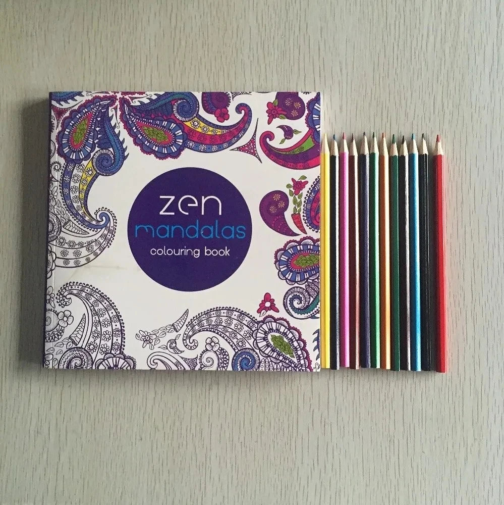 12 Color Pencils + 128 Pages Zen Mandalas Coloring Book