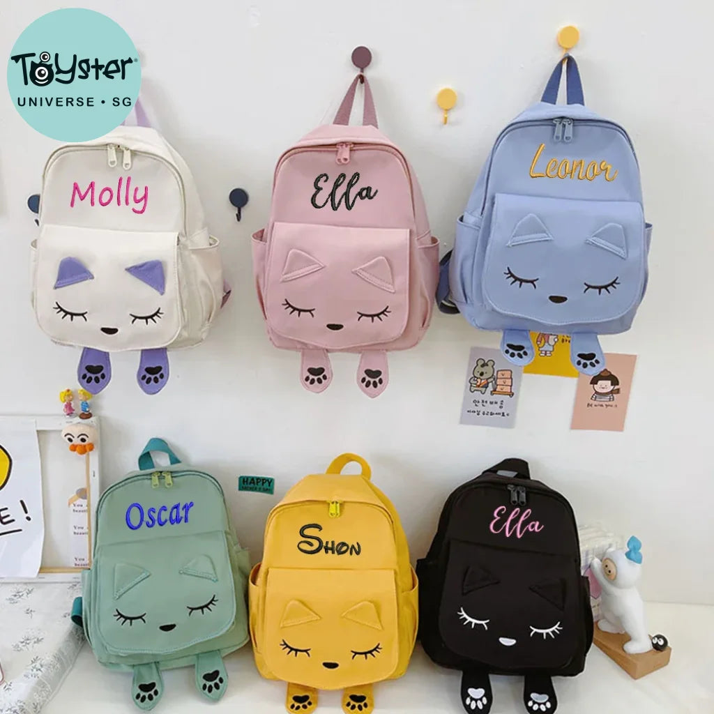Custom Name Embroidery Cute Cat Children Backpack