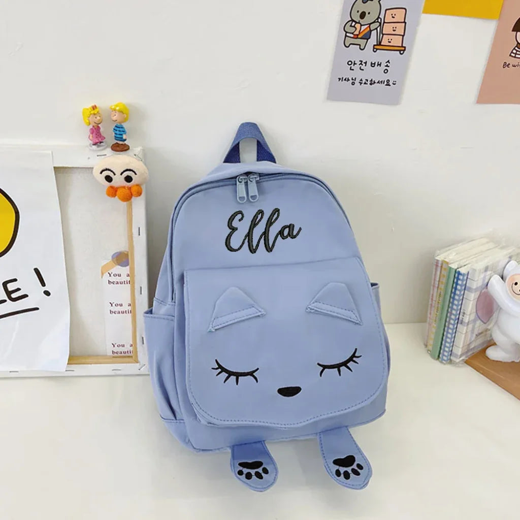Custom Name Embroidery Cute Cat Children Backpack Blue /