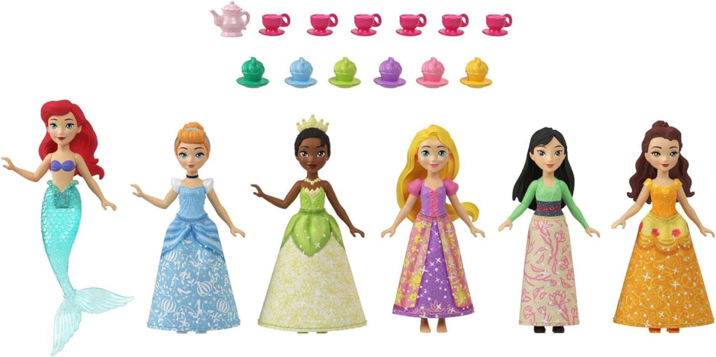 Disney Princess 6 Posable Small Dolls With Sparkling Clothing And 13 Tea Party Accessories
