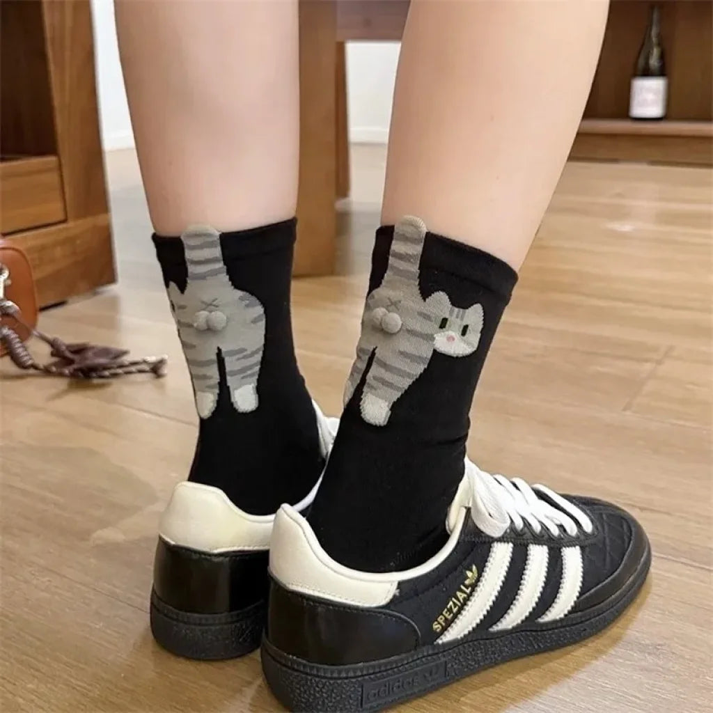 Funny Cat Black/White Mid-Tube Socks - black / One Size / China Mainland