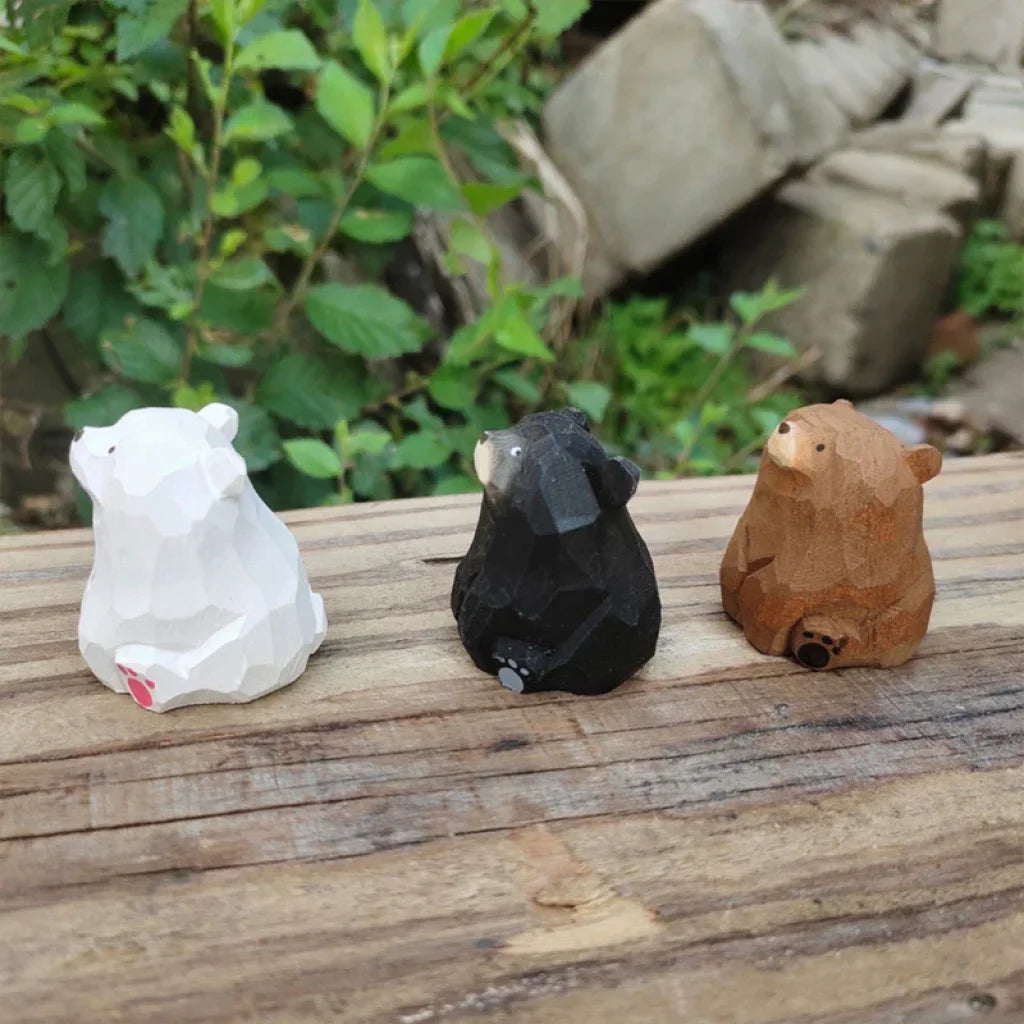 Hand Carved Miniature Solid Wood Bear Figurines