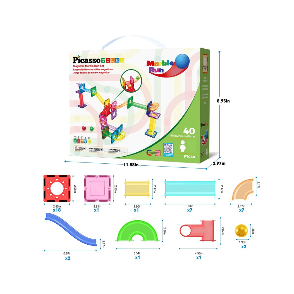 PicassoTiles Magnetic Tile Marble Run Building Blocks Set 40 Pieces - PICASSOTILES