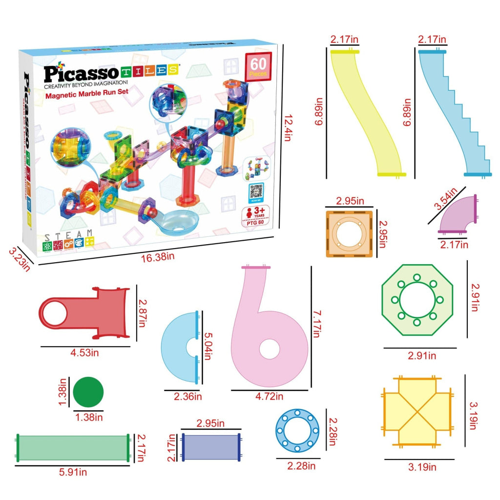 PicassoTiles Magnetic Tile Marble Run Building Blocks Set 60 Pieces - PICASSOTILES
