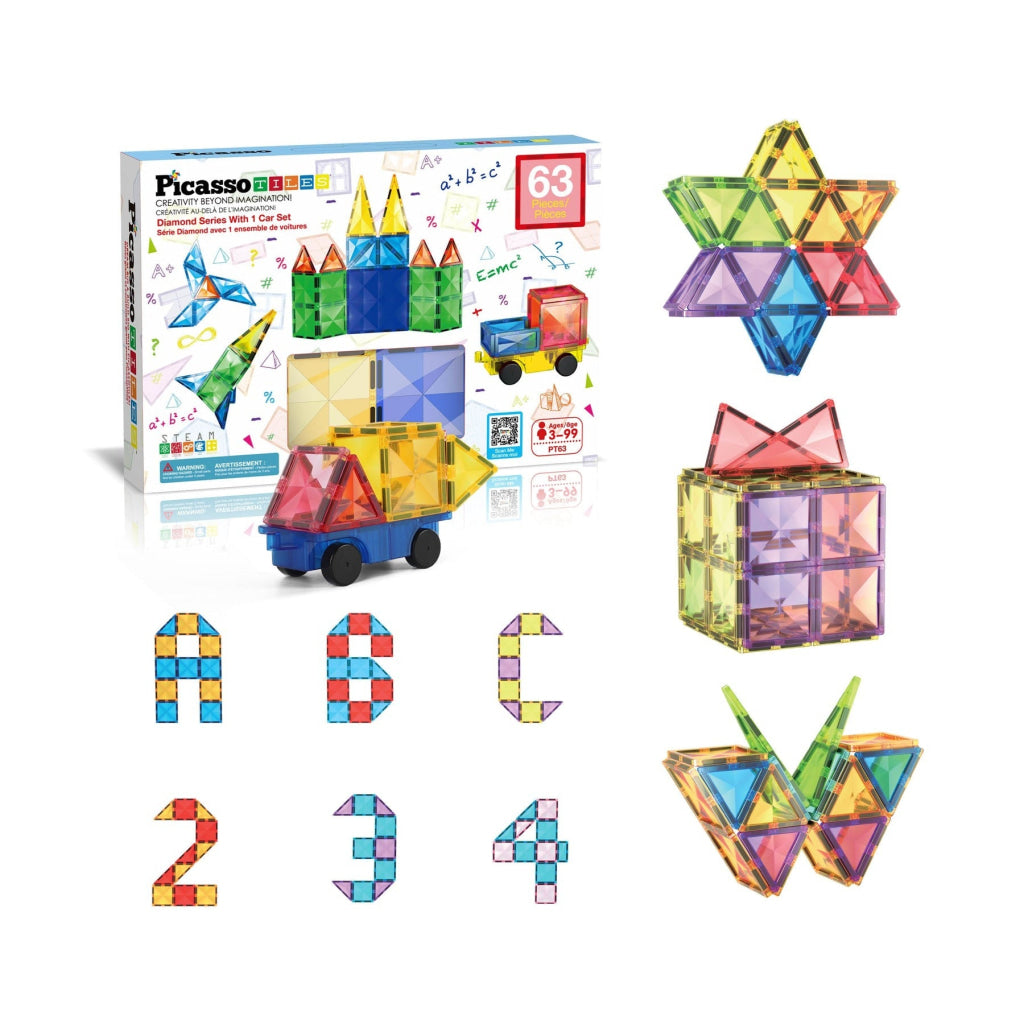 PicassoTiles Magnetic Tiles with Vehicle Base Building Block Set - 63 Piece - PICASSOTILES