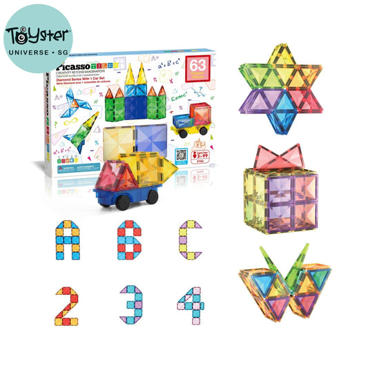 PicassoTiles Magnetic Tiles with Vehicle Base Building Block Set - 63 Piece - PICASSOTILES
