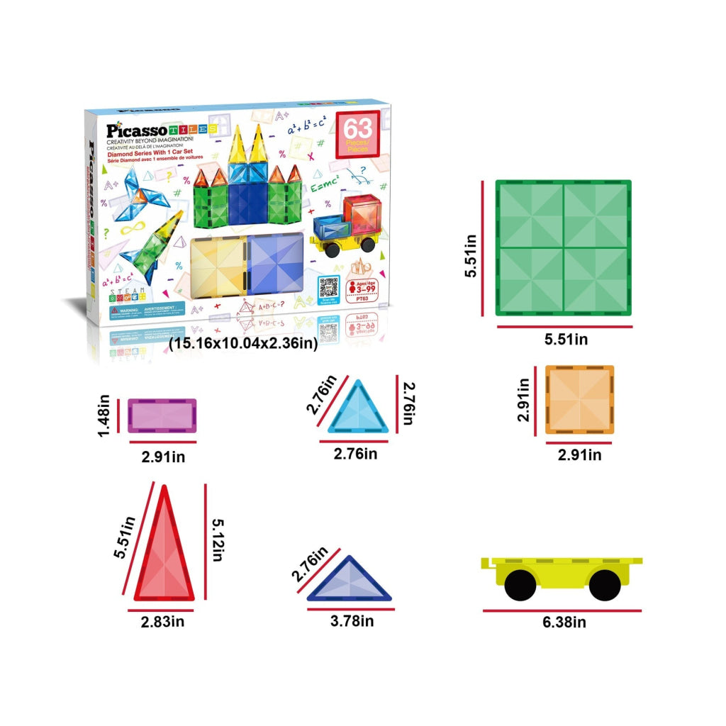 PicassoTiles Magnetic Tiles with Vehicle Base Building Block Set - 63 Piece - PICASSOTILES
