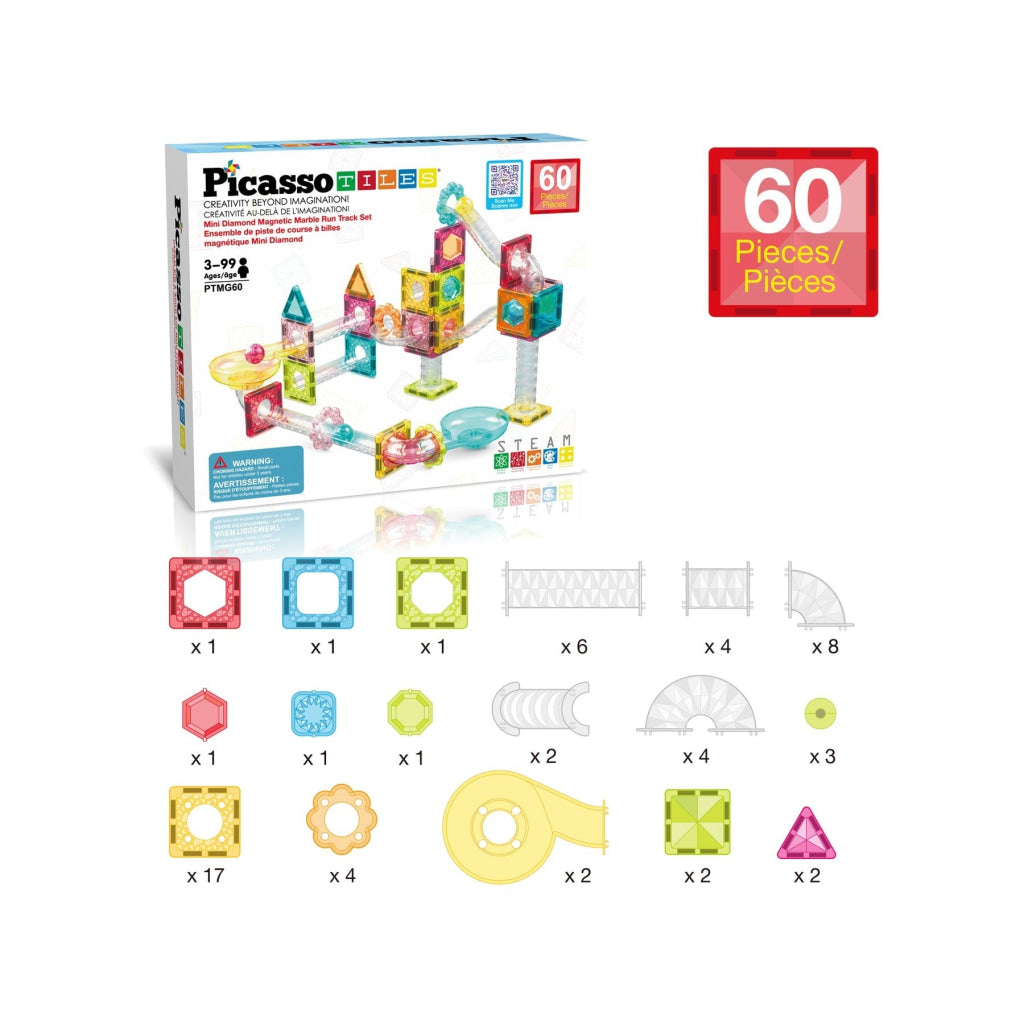 PicassoTiles Travel Size Magnetic Tile Marble Run Building Blocks Set 60 Pieces - PICASSOTILES