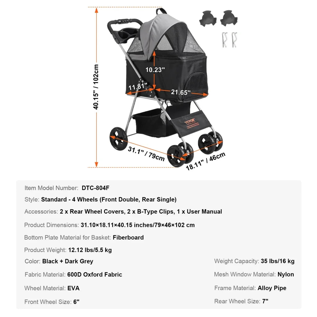 VEVOR 35lbs 4 Wheels Pet Stroller with Brakes Storage Basket - 35 lbs / United States