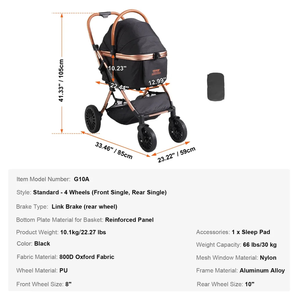 VEVOR 66 lbs Pet Stroller Foldable with Brakes Storage Basket - Black / UNITED KINGDOM