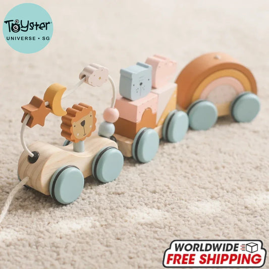 Wooden Animal Pulling Block Stars Moon Surround Train