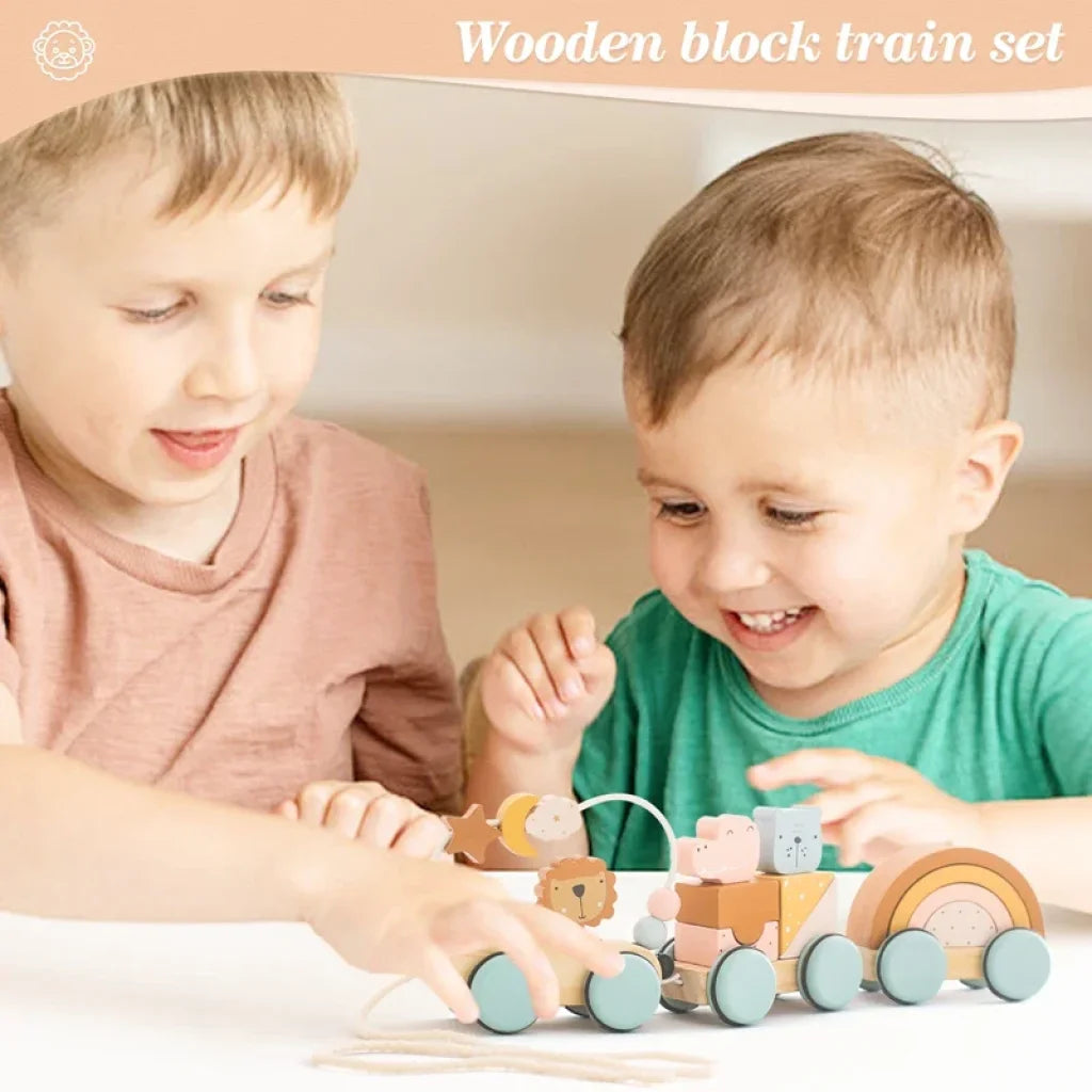 Wooden Animal Pulling Block Stars Moon Surround Train